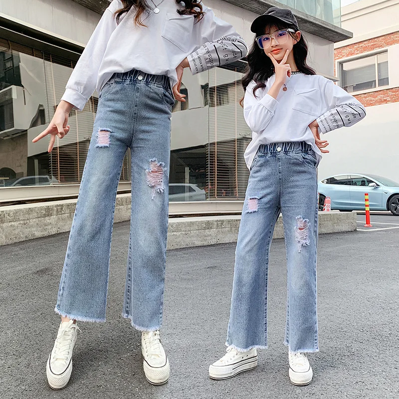 Модные Универсальные Повседневные детские брюки для подростков рваные