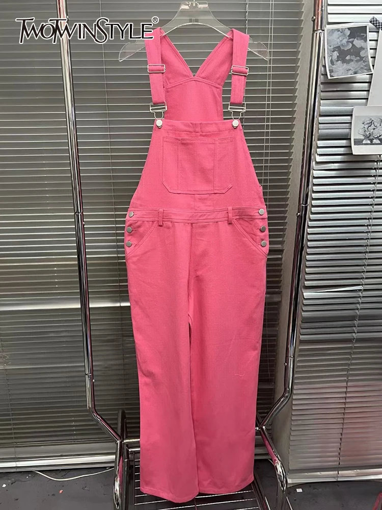 

TWOTWINSTYLE Summer Pink Overalls For Women Square Collar Sleeveless High Waist Wide Leg Pants Loose Overall Female Fashion New