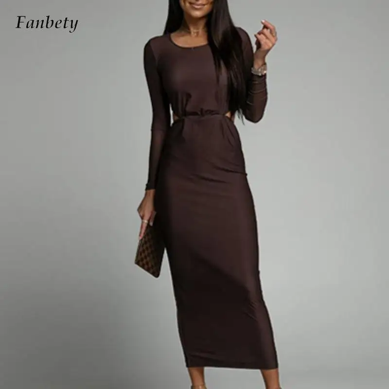 

Женское длинное платье с круглым вырезом, открытой спиной и длинным рукавом