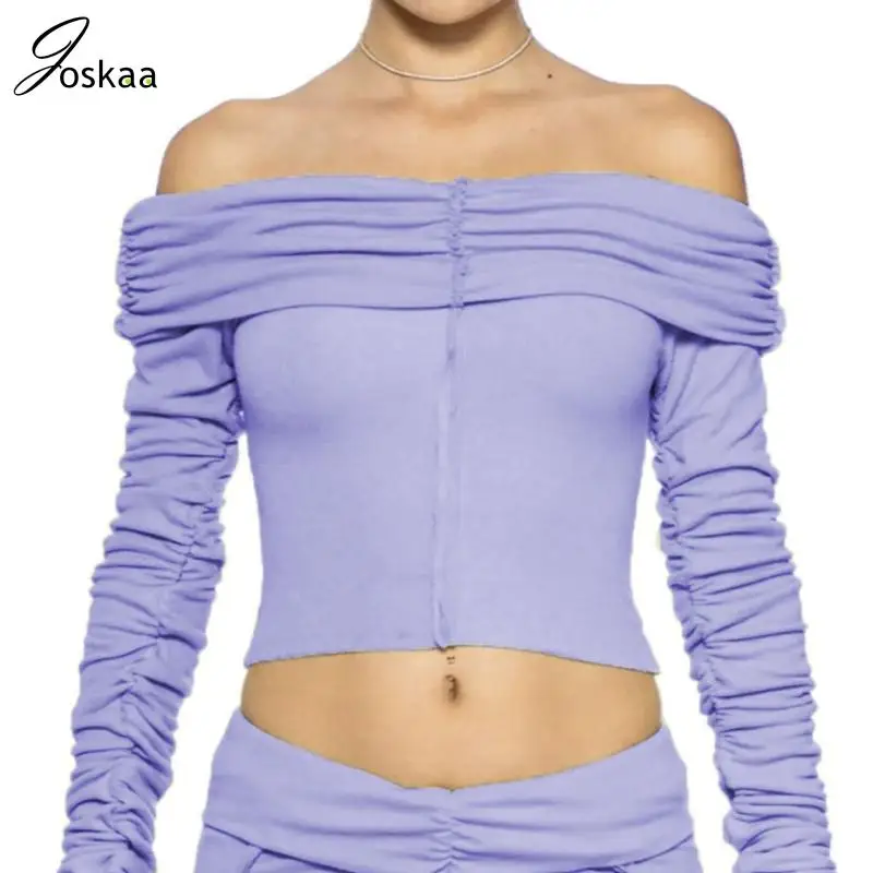 

Joskaa Elegant Long Sleeve Off Shoulder Ruched Slim Crop Tops Women Autumn 2023 Fashion Party Streetwear T-Shirts Trending