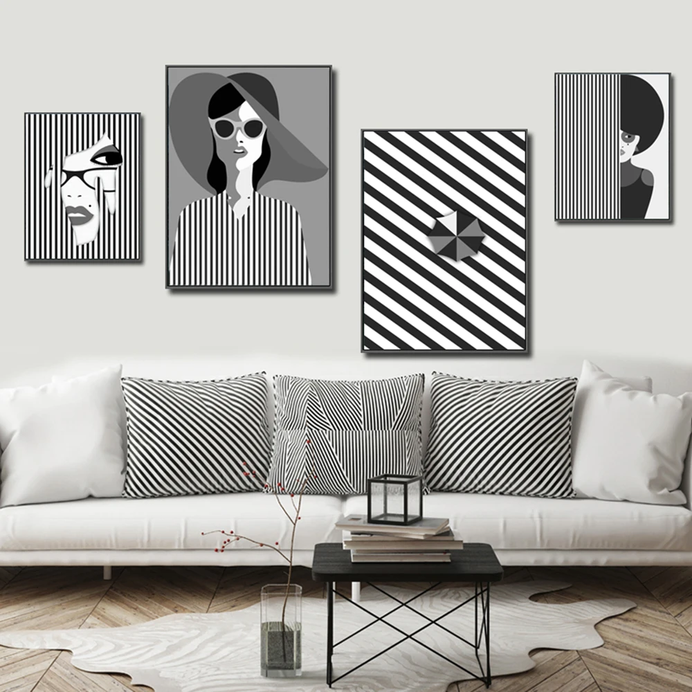 

Fashion Girls Sunglasses Wall Art Poster Abstract Line Drawing Art Prints Black White Stripe Canvas Painting Nordic Home Decor