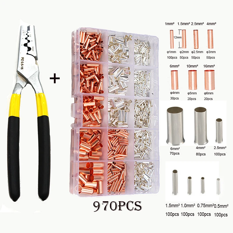 

220/1100/970pcs Small Copper Connecting Pipe Tube Wire Joint Connector Set Tubular Ferrules Cord End Cable Crimp Terminal Kit