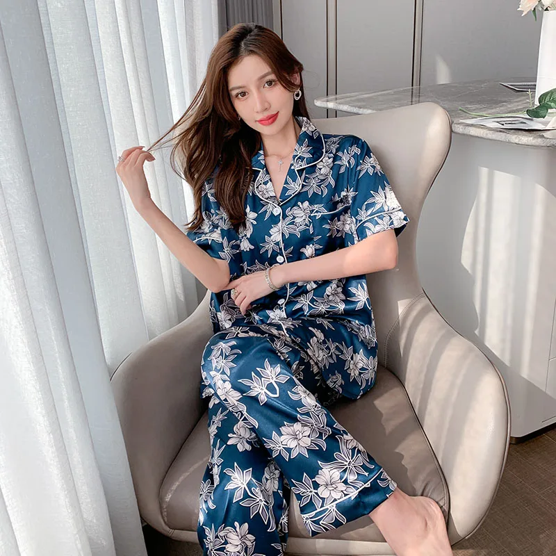 CAIYIER Size 3XL-8XL 150KG Women Silk Pajamas Set Summer Short Sleeve Trousers Sleepwear Girls Big Size Femme Leisure Nightwear