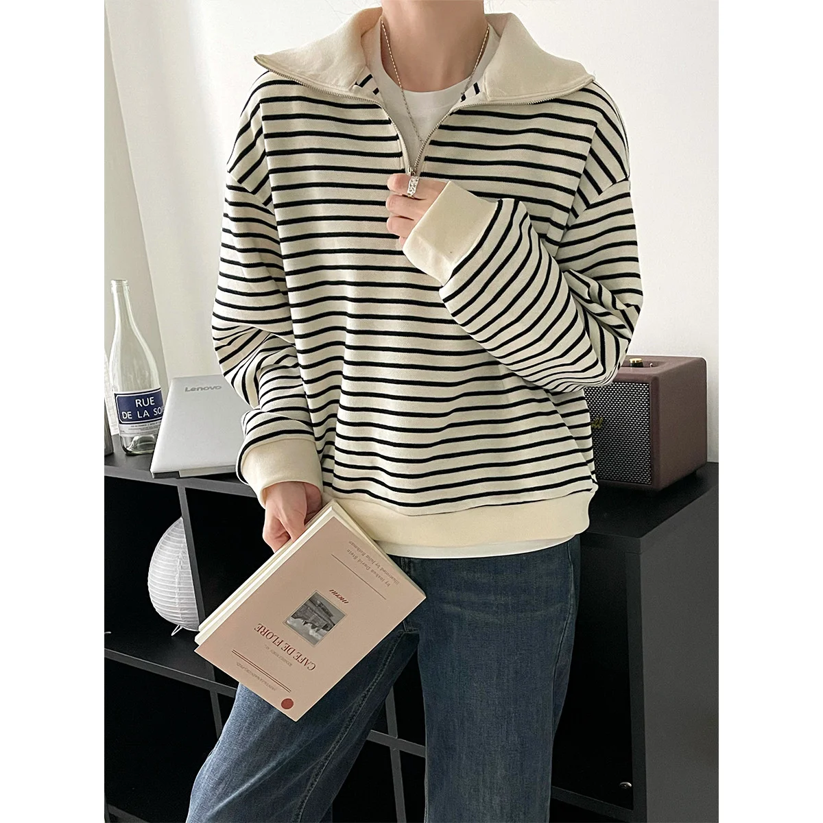 Женская толстовка-поло в полоску с длинным рукавом на молнии |