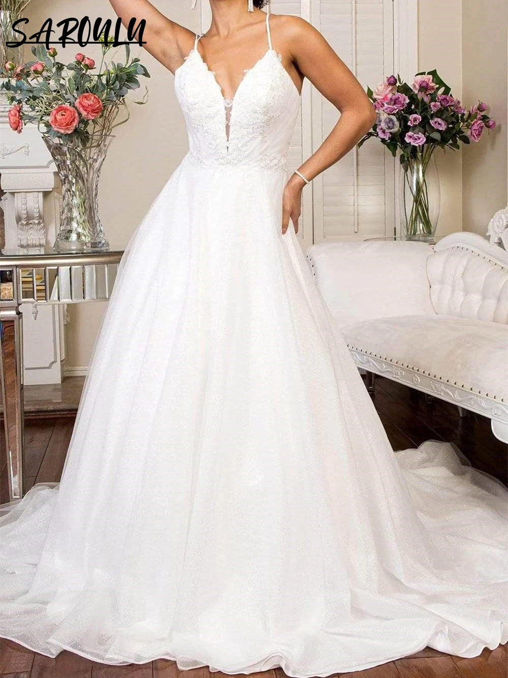 

Embroidered Deep V Neck Mesh A-line Wedding Dress Sleeveless Bride Dresses Plunging Neckline Bridal Gown Sweep Vestidos De Novia