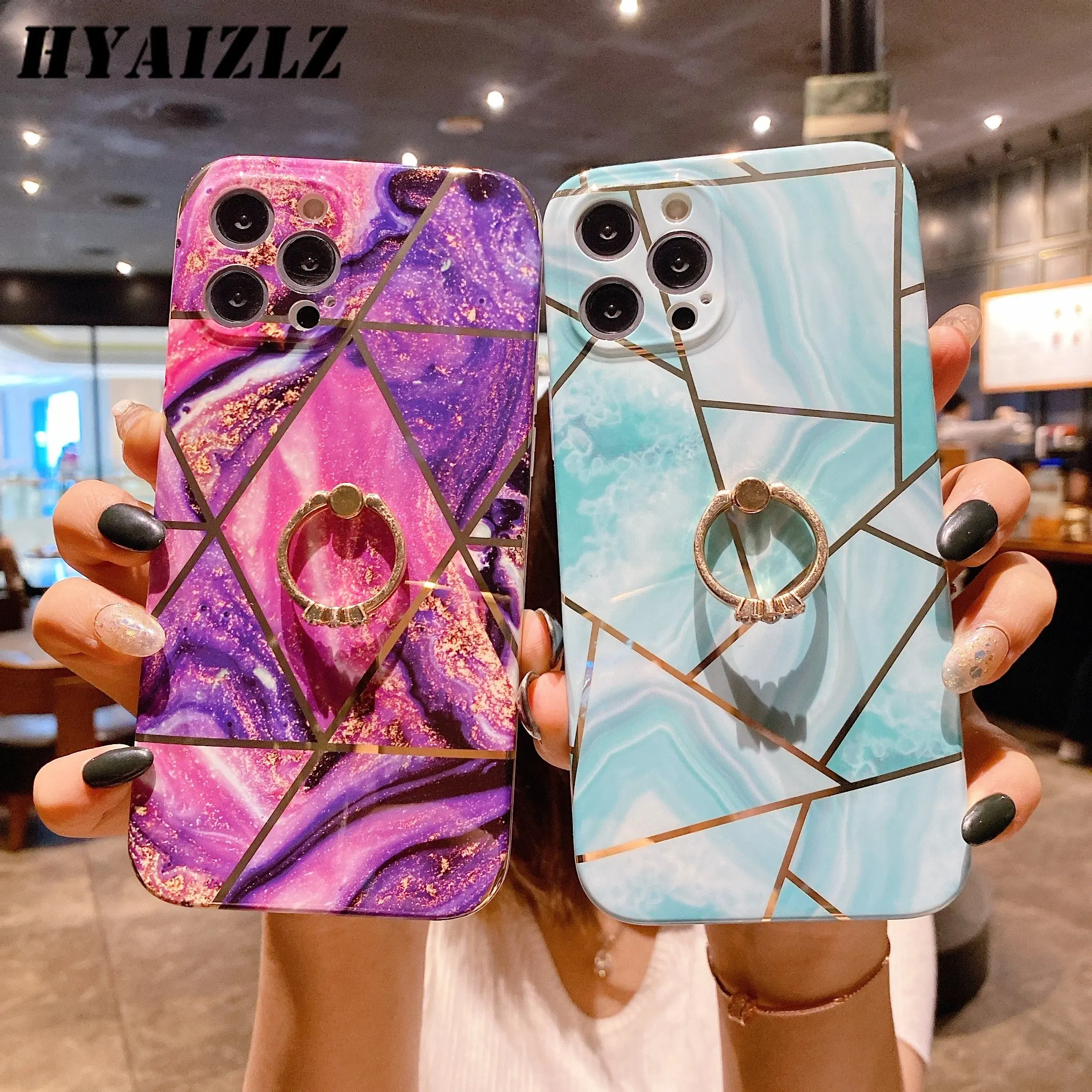 

Finger Ring Stand Phone Case For iPhone 14 13 12 11 Pro Max Xs X XR 7 8 Plus SE2022 Plating Geometric Marble Soft IMD Back Cover