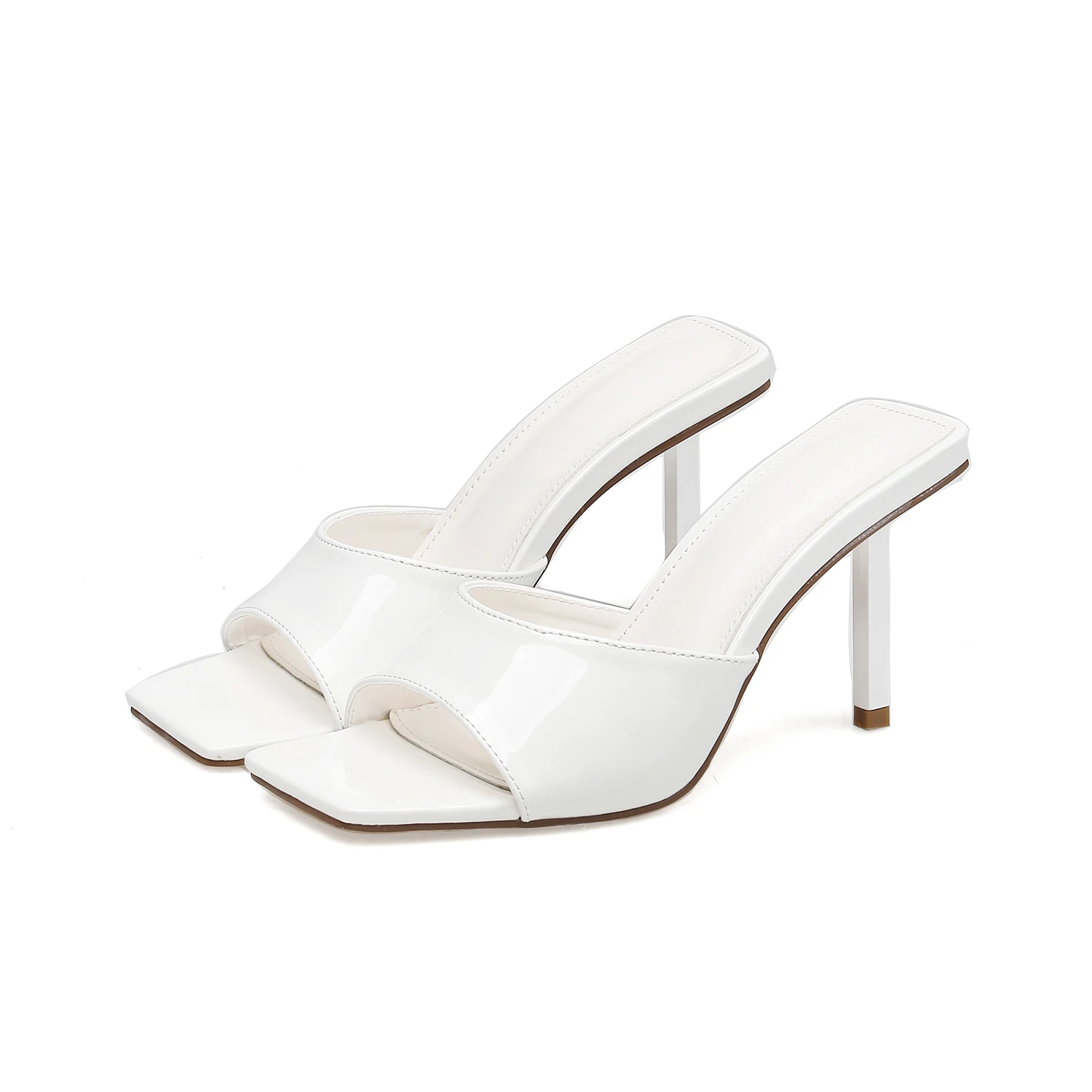 Xibeilove 2023 Summer Women Fashion Slippers Sexy Square Head Lacquer Leather Slim High Heel Slippers Orange Shoes Large Size