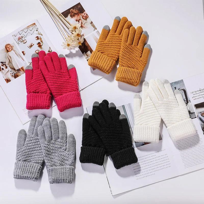 

Warmom for Winter Touch Screen Gloves Boy Girl Thicken Warm Knitted Stretch Gloves Acrylic Full Finger Outdoor Skiing Gloves