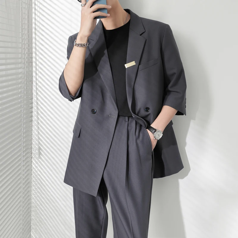 

2021 Summer Loose Half Sleeve Suit Men Solid Color 2 Pcs Set Wedding Suits for Men Business Casual Groom Tuxedos Costume Homme