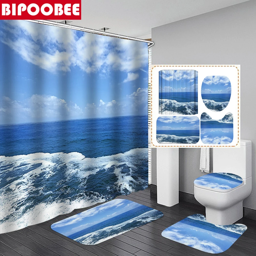 

Sea Scenery Shower Curtain 3D Ocean Waves Bathroom Curtains Set Pedestal Non-slip Carpet Toilet Cover Lid Bath Mats Rugs