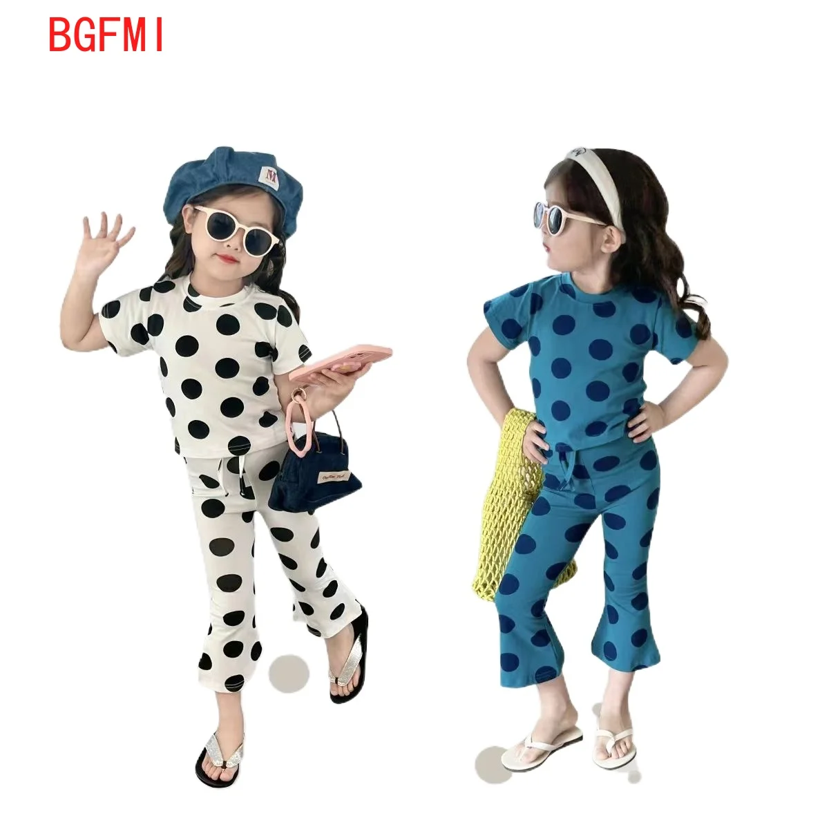 

Детская одежда в Корейском стиле детский топ в горошек с коротким рукавом + укороченные штаны с колокольчиками комплект из двух предметов детская одежда для девочек