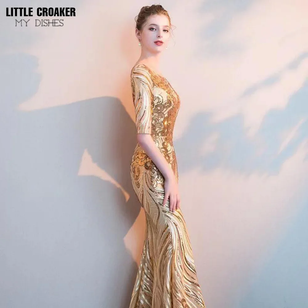 Женское золотистое вечернее платье с полурукавами и блестками Размеры S-3XL