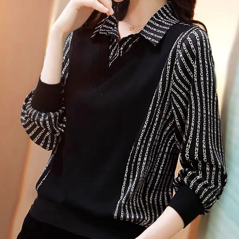 

Spring and Autumn Korean Version Loose Fake Two Pieces Lapel Seven-point Sleeve Blouses Large Size Women's Shirt Fashion Casual