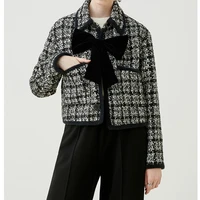 womens tweed short jacket autumn and winter fashion new style small fragrance retro elegant bowknot jacket jacket women black