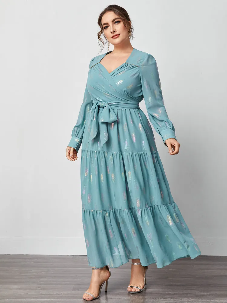 

TOLEEN Plus Size Летние женщины Шикарное и элегантное платье с длинными рукавами и галстуком Талия Драпированная Причинно-следственная одежда для...