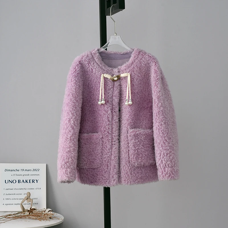 2022 Long Sleeved Real Lamb Fur Coats Women Autumn Winter Fashion Warm Natural Fur Coats Ladies Sweet Outerwear Female C56