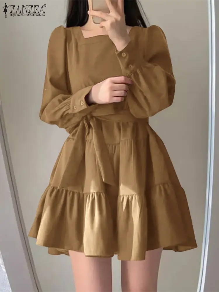

ZANZEA Casual Solid Dress Fashion Long Sleeve Mini Dress Women Square Neck Dress Korean Style Elegant Tiered Splicing Short Robe