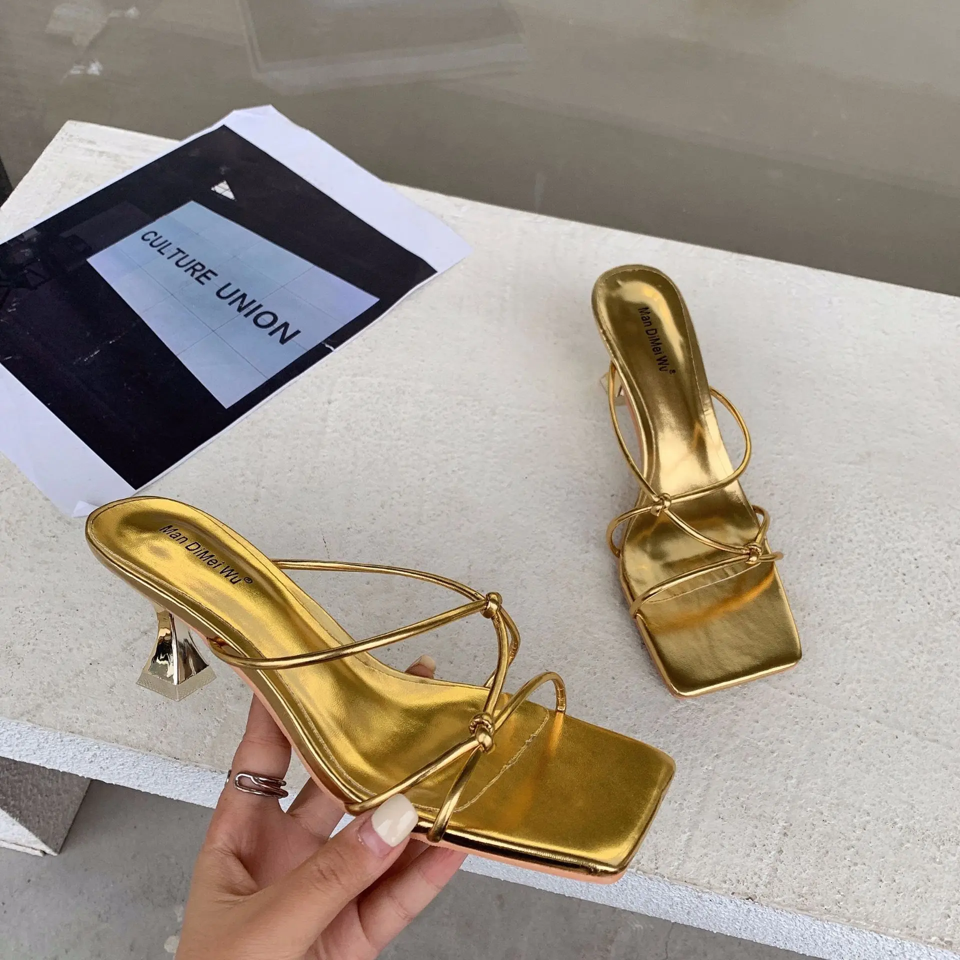 

Gold Sandals for Women High Heel Narrow Band Slippers Women Square Toe Summer Shoes Ladies Slides Flip Flops Zapatos De Mujer