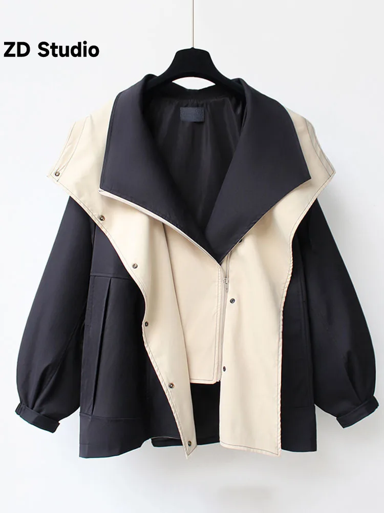 

[ZD Studio] Streetwear Contrast Color Jacket Coat For Women Hooded Patchwork Single Breasted Coats Fashion Autumn New 2AA1228