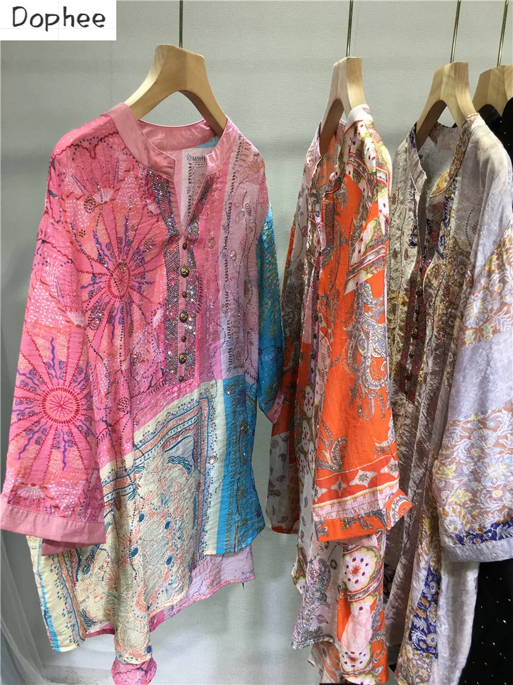 

National Style Printing Summer Cool Cotton-linen Shirts All-match Loose V-neck Pullover Top Shiny Hot Drilling 3/4 Sleeve Blouse