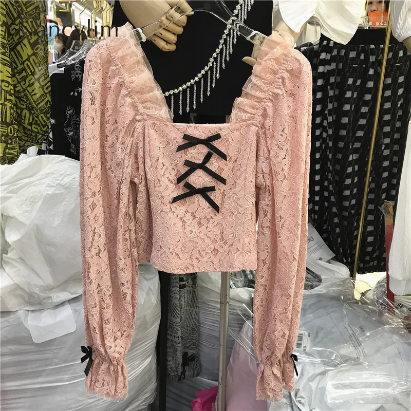 

Square Collar Innerwear Lace Shirt Women's Spring Slim-Fitting Slimming Pleated Stringy Selvedge Flare-Sleeve Lace-up Shirt