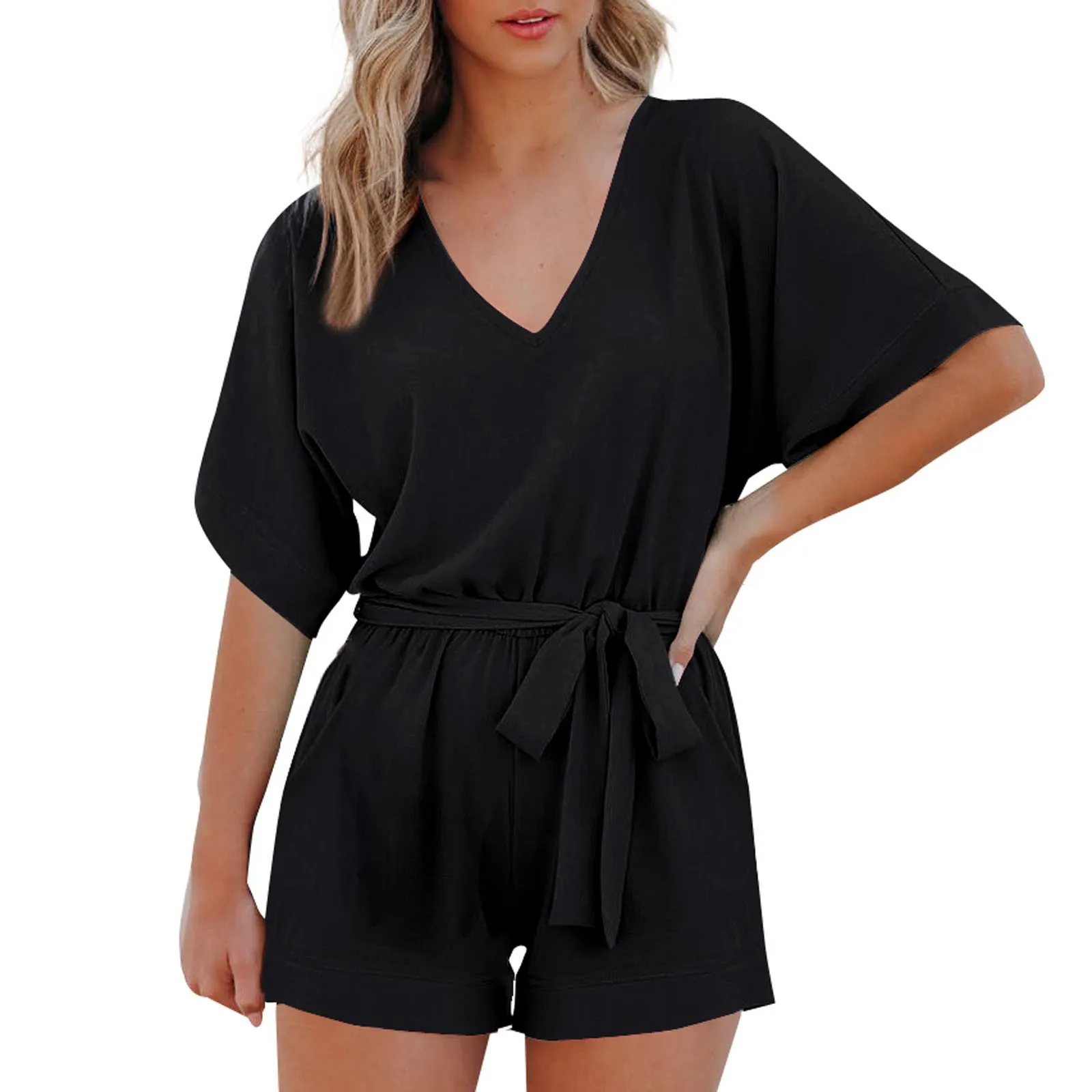 

V-Neck Summer Sleeve Shorts Adjustable Women's Short Pant Jumpsuit Solid Waist Rompers Short Women's Women Summer Jumpsuits