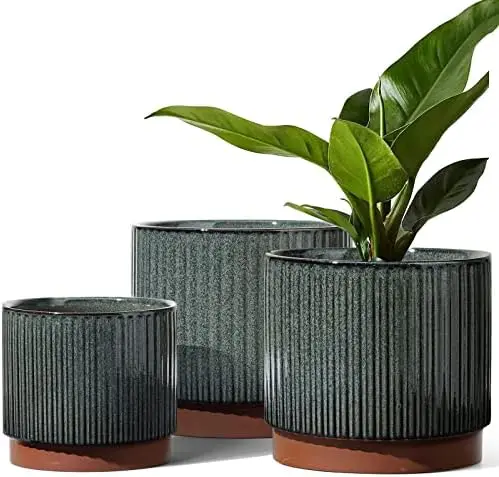 

TAUCI Ceramic Plant Pots with Drainage Holes, Set of 3, 8+6.5+5.5 Inch Stripe Garden Planter Pots for Outdoor Indoor Plants Flow