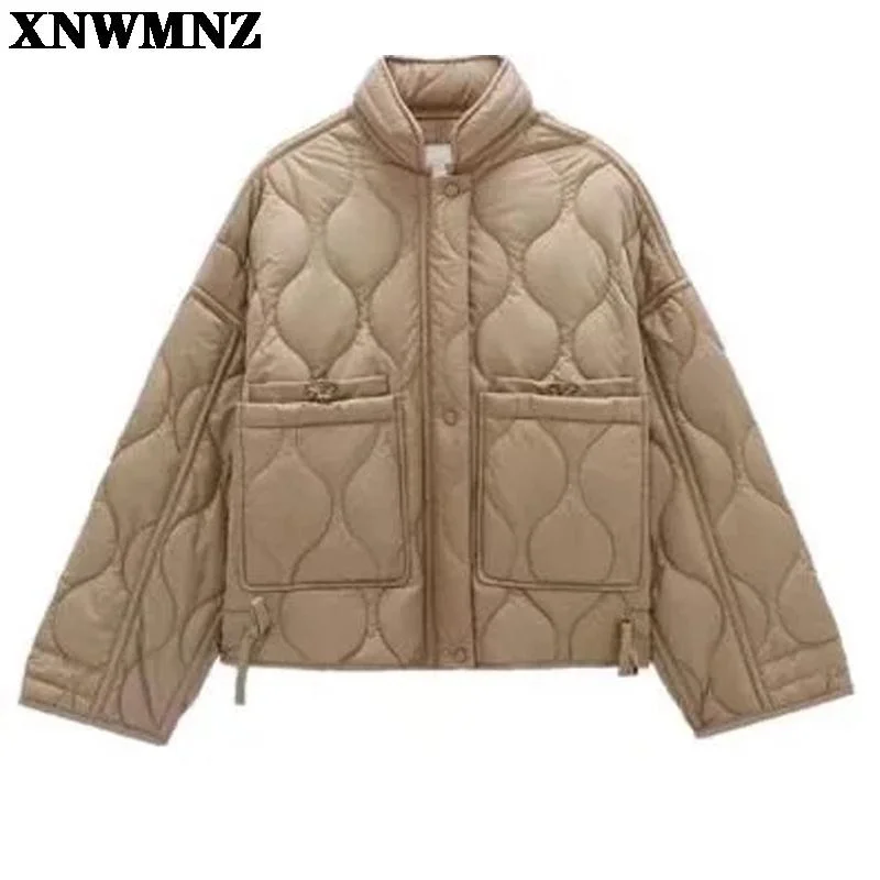 

XNWMNZ 2021 Autumn Winter Women Fashion Vintage Plaid Parka Jacket Casual Pockets Cotton Coat Loose Short Outwear Tops Female