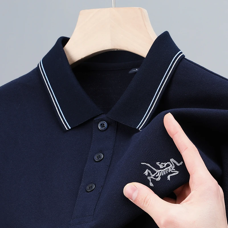 

Мужская хлопковая футболка-поло с вышивкой, Однотонная футболка с короткими рукавами, лето 100%