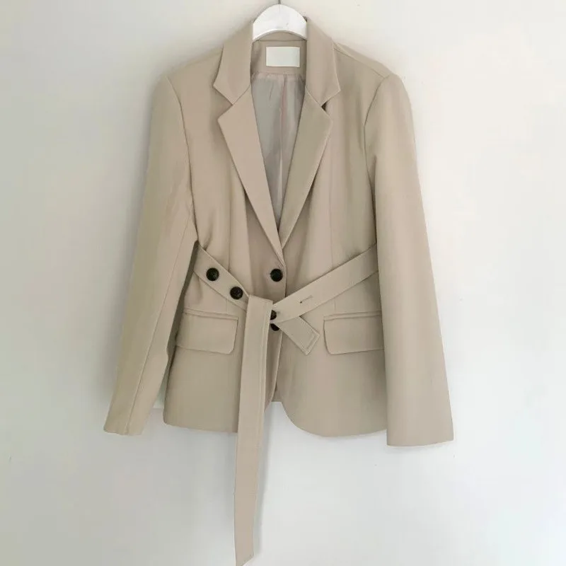 Spring Autumn Chic Blazer Ladies Elegant Fashion Lapel Slim Waist Belted Women Suit Jackets Single-breasted Outwear Casual Coat