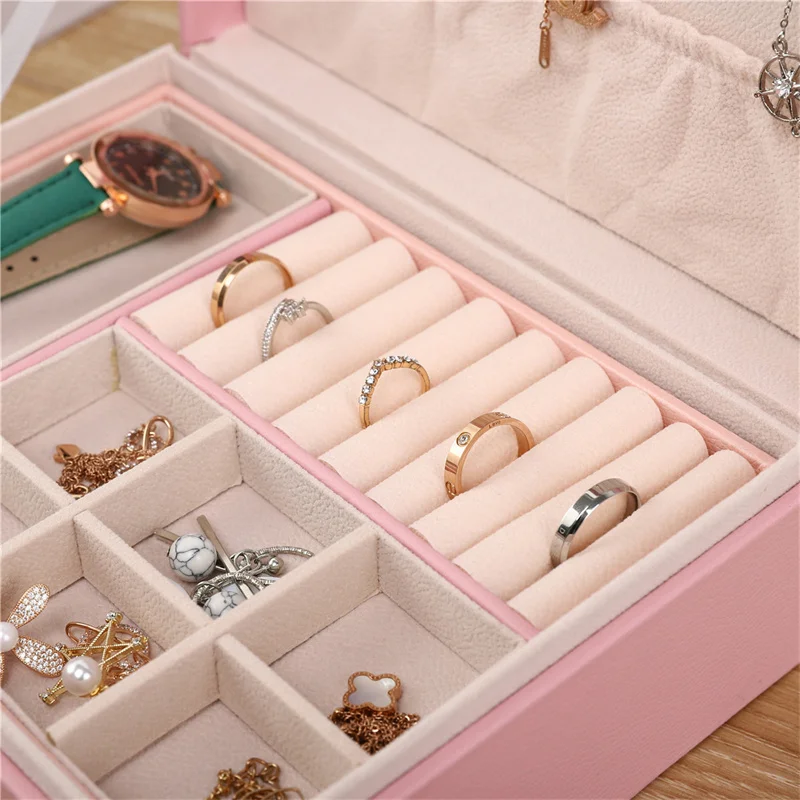 Two-layer have locking luxury PU leather jewelry packaging boxes earrings necklace gift box storage box jewellery box organizer