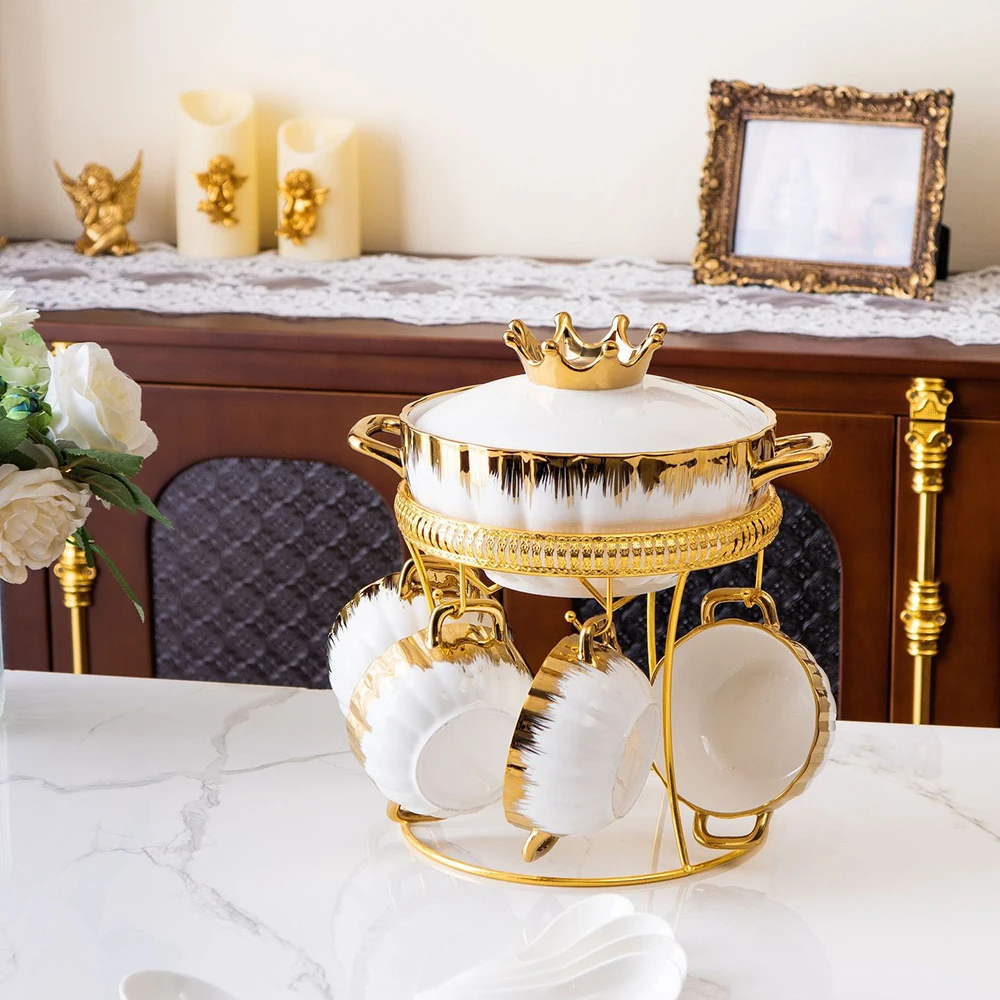 

High-end Luxury Binaural Striped Ceramic Soup Pot with Lid And Electroplating Gold Rim Porcelain Bowls Set Household for Gift