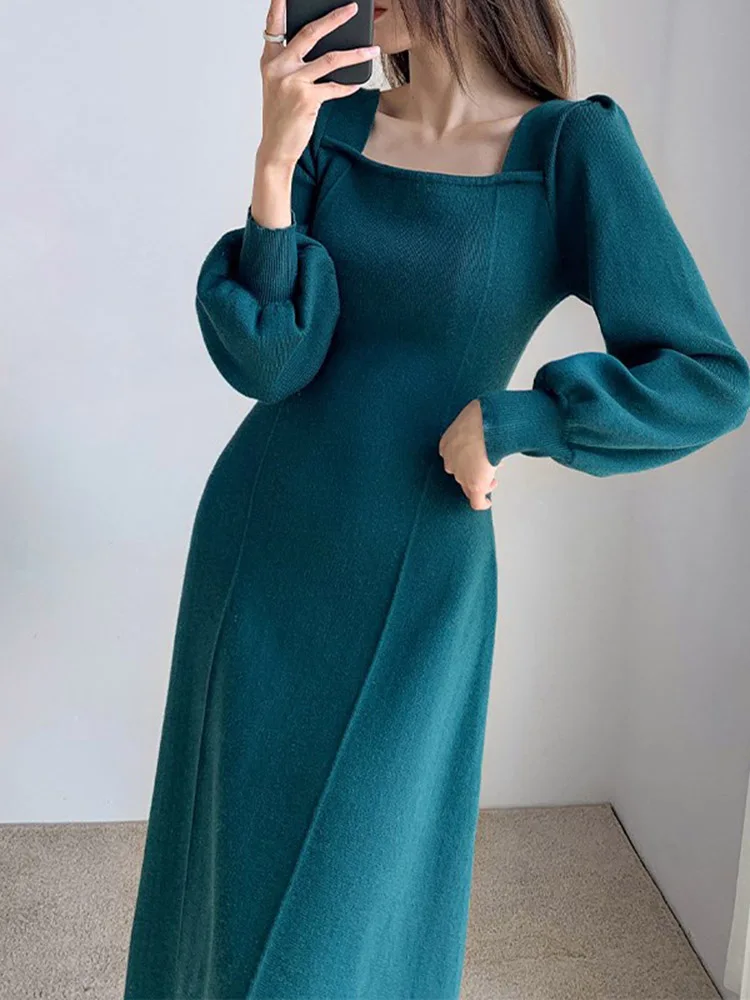 

GUUZYUVIZ Vintage Square Neck Knitted Dress For Women In Autumn And Winter