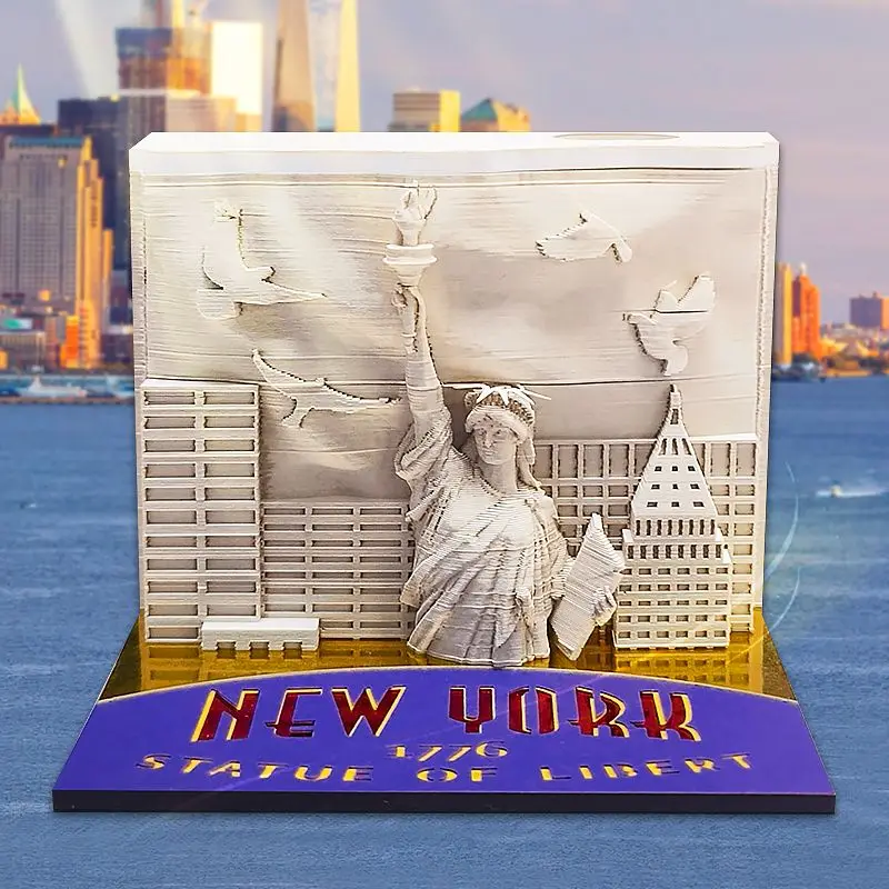 

Omoshiroi Block New York Statue of Libert Landscape Building 3D Memo Pad Paper Cut Bookmark Acrylic Box With Pen Holder