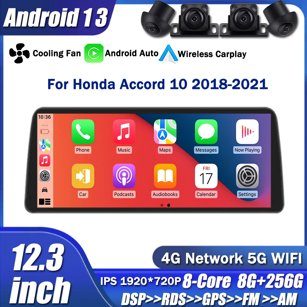 

1920*720P 12,3 дюймов Android 13 для Honda Accord 10 2018-2021 Радио мультимедийный автомобильный радиоплеер GPS Стерео навигация 8-ядерный 4G