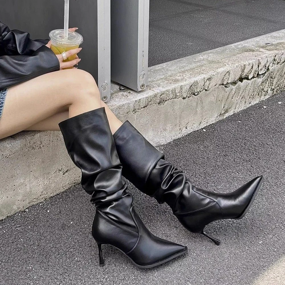 Ladies Knee Shaft Shoes Pointed Toe High Heels Women's Long Boots Elegant Heeled Leather on Promotion Large Size Warm Y2k Boot