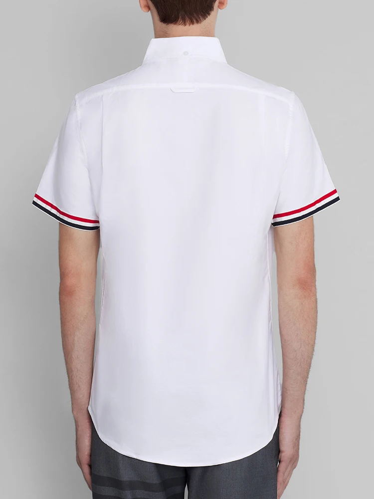 TB THOM Men's Shirt White Fashion Top Brand Striped Cuffs Casual Oxford Fine Cotton Short Sleeve High Quality Summer Cool Shirts