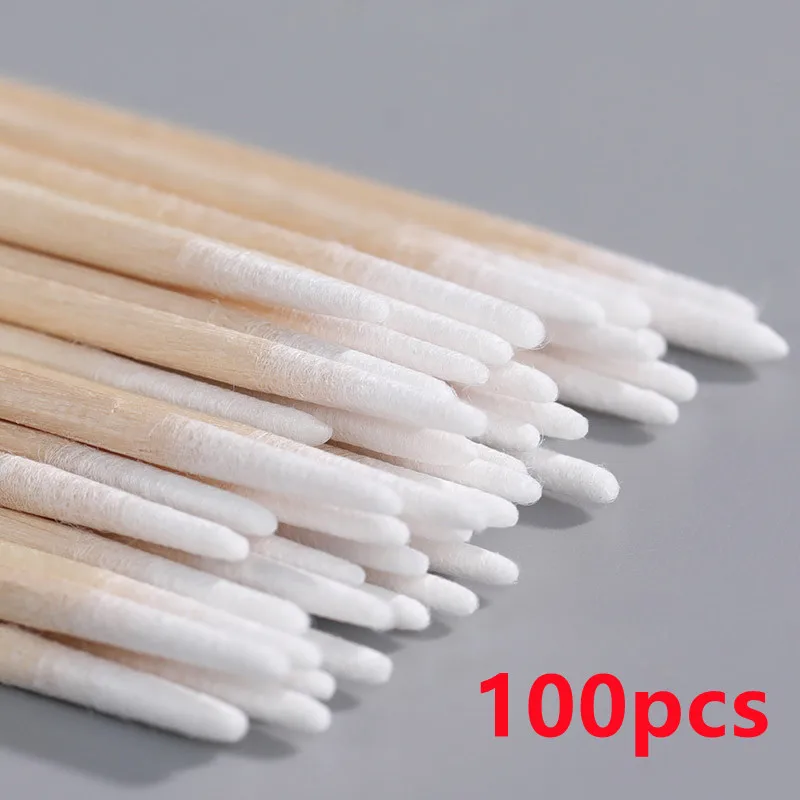

100 PCS Single Pointed Head Wooden Eyebrow Sticks Cotton Swabs Plastic Toothpick on Tip Buds for Electronic Cleaning