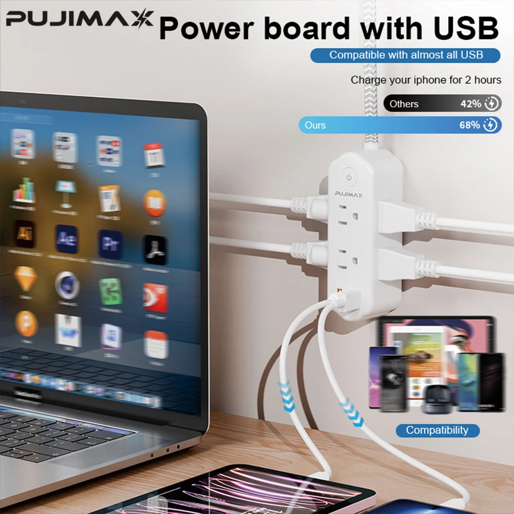 Фото Удлинитель PUJIMAX с 6 розетками US, 2 USB и 1 портом Type-C, кабель 1.5 м, защита от перенапряжения и перегрузки, 6 универсальных электрических розеток №5