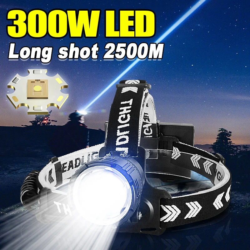 

Most Powerful Led Headlamp 300W High Power Head Flashlights Lighting 2500M Rechargeable USB Fishing Headlight 18650 Head Lantern