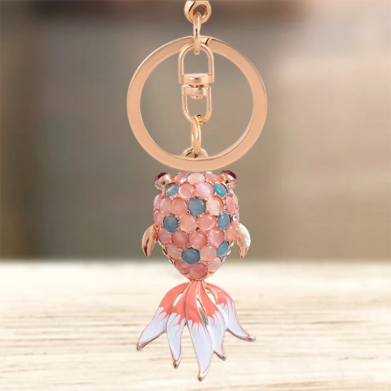 

Cute Rhinestone Crystal Pink Five Tail Goldfish Keychain Animal Fish Key Chain Key Ring Holder Bag Pendant Keyring