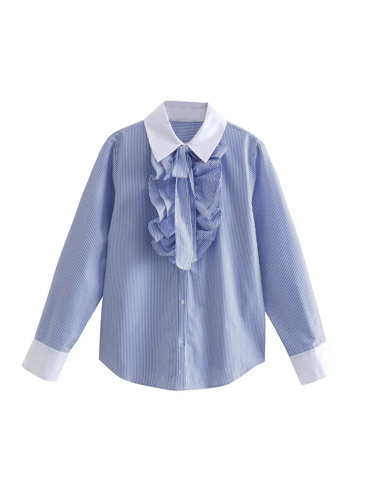 

2022 Summer Women Sweet Striped Shirts Blouses Tops Cascading Ruffle Bow Tie Female Casual Street Top Blusas Clothing