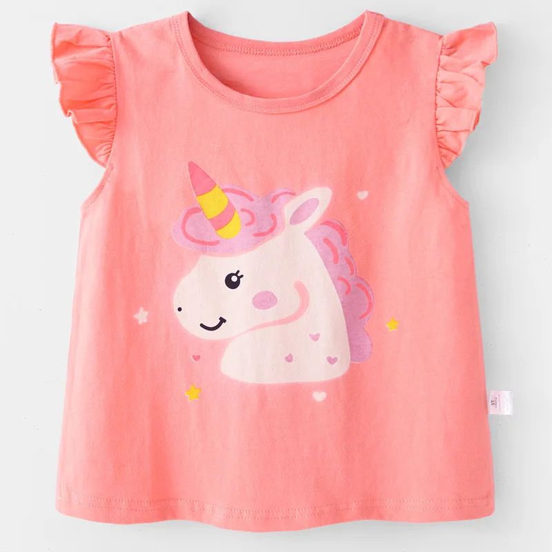 

Cute Unicon Cartoon Printed Girls T-shirts Ruffles Sleeved Round Neck Loose Suspenders Vest 2022 Spring Summer Cotton Tees