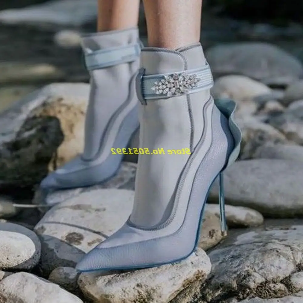 

Petalo Metal Heel Boots Crystal Pointy Toe Patchwork Thin High Heel Runway Fashion Women Shoes Ankle Strap 2022 Newest Boots