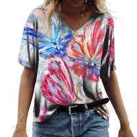 fashion 3d printing new tops for summer new casual loose v neck short sleeve pullovers female multicolor splice t shirts clothes