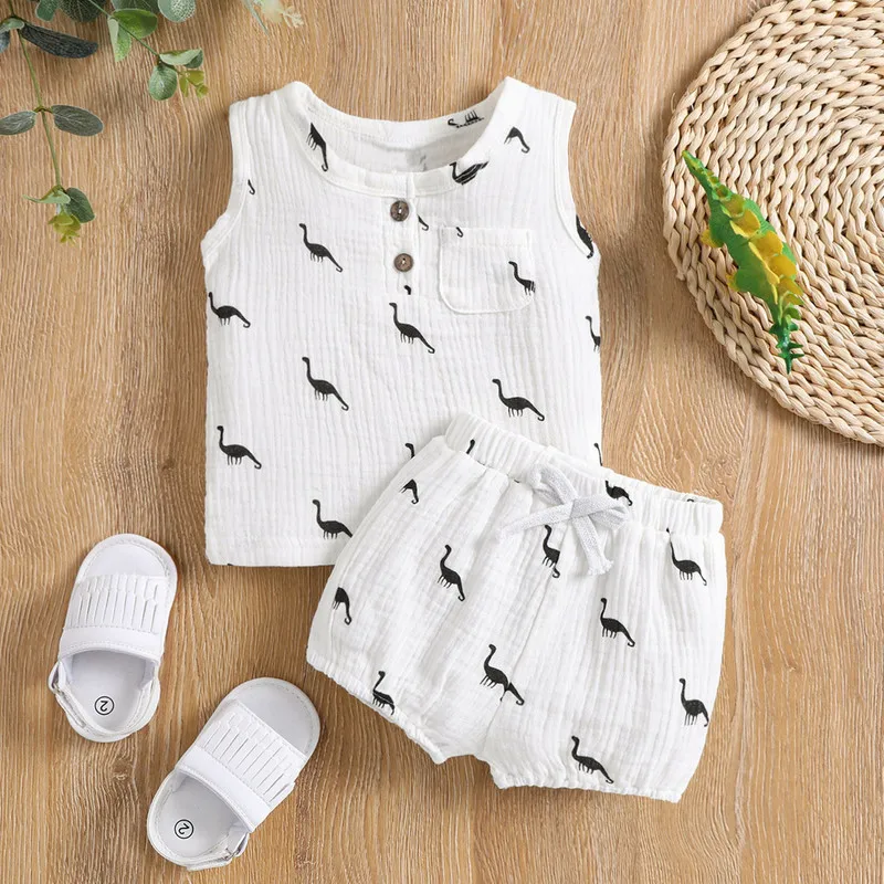 

Летний комплект из 2 предметов для маленьких мальчиков, майка без рукавов с принтом динозавра + шорты с бантом