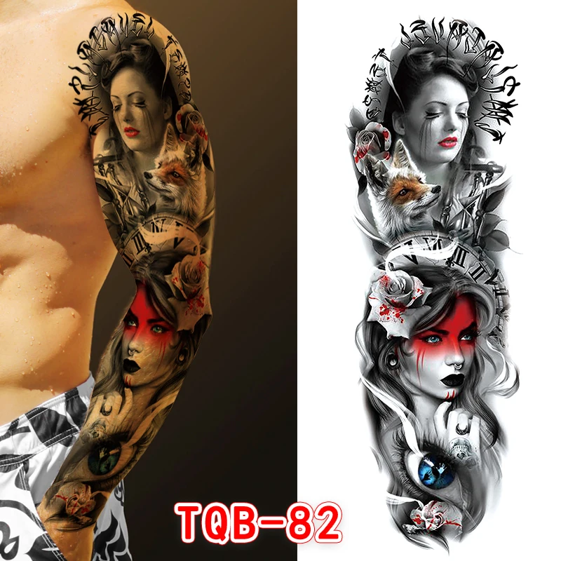 Большой рукав-наклейка с татуировкой Лев корона король роза водостойкая