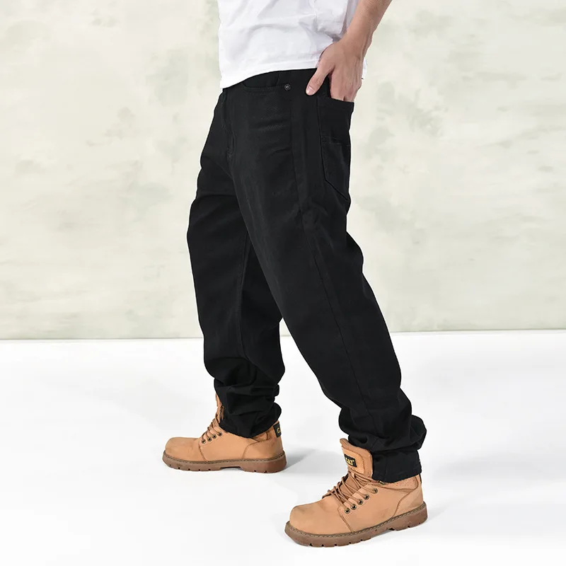 Mens Jeans Trend Autumn New Loose Fat Hip-hop Large Skateboard Pants Full Length Straight Solid Color Denim Trousers