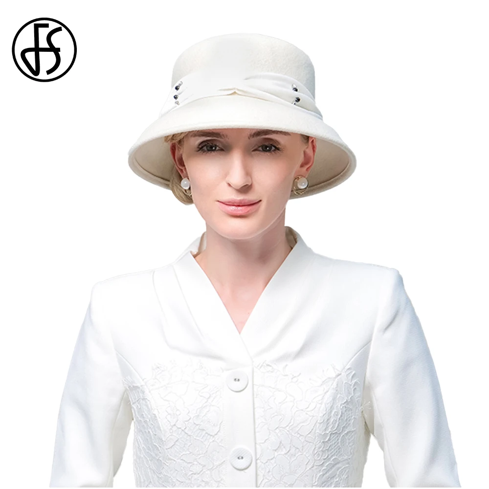 FS 2022 Ladies White Church Bowler Hats For Women Formal Occasion Autumn Winter Elegant Fashion British Top Cap Wool Felt Fedora