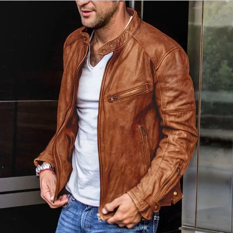 United States Handsome Motorcycle Leather Coat Western Cowboy Standing Collar Jacket Men Casual PU Tide